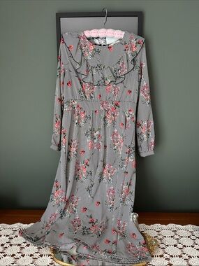 Floral Stripe Midi Dress with Ruffle Yoke - Pink/Black
